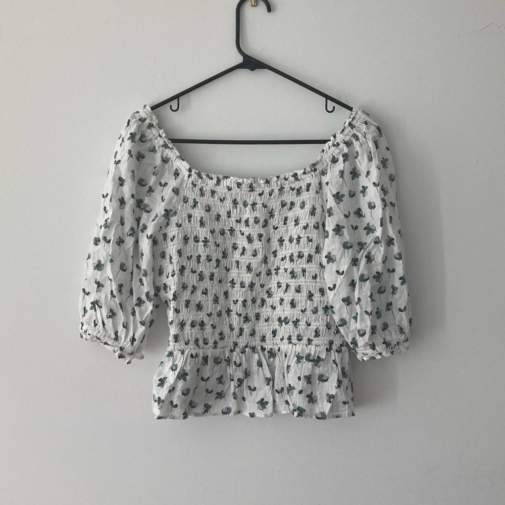 LOFT White Floral Puff Sleeve Ruffle Top Medium - Picture 2 of 7
